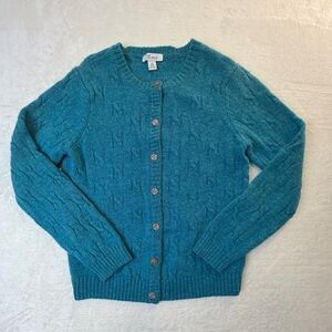 L.L. Bean Teal Cable-Knit Crewneck Cardigan Sweater